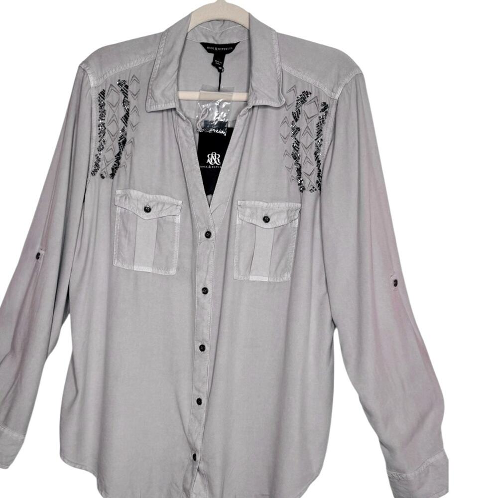 Rock & Republic Womens Gray Western Button-Up Shirt Blouse XL NWT